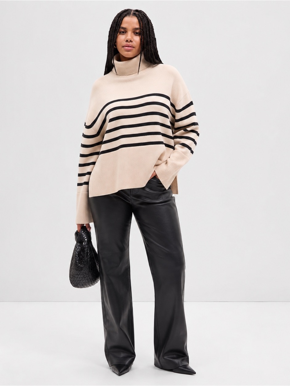 GAP 24/7 Split Hem Turtleneck Sweater M Black Beige Breton Stripe NWT $80